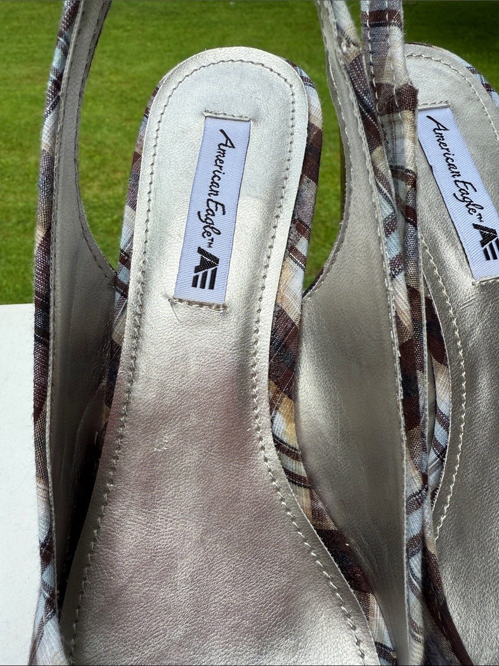 American Eagle Outfitters Brown Plaid Peep-Toe Slingback Wedge Sandals - Picture 4 of 14